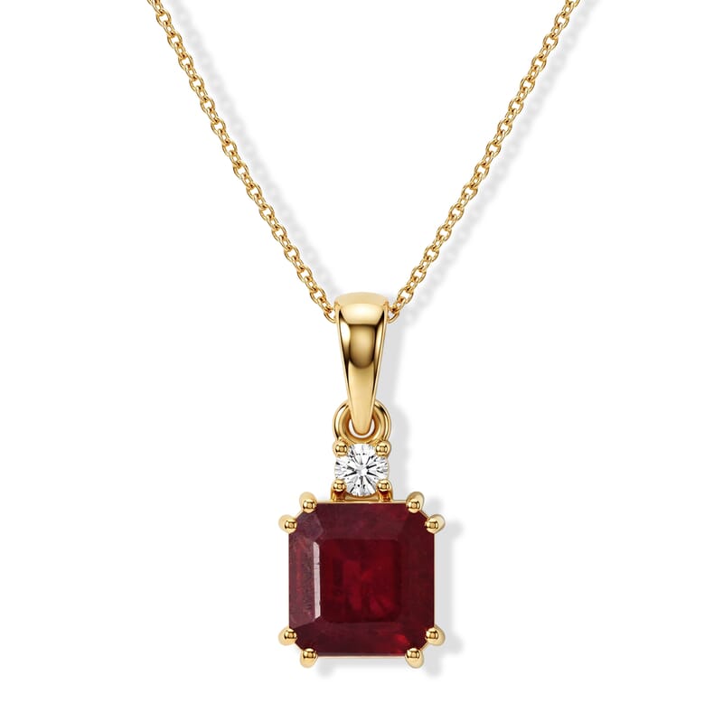 Asscher Cut Niassa Ruby (FF) and Luxuriant Lab Grown Diamond (G-H, SI) 3.25 ctw Scarlet Signature Pendant Necklace (20 Inches) in 18K Vermeil YG Over Sterling Silver