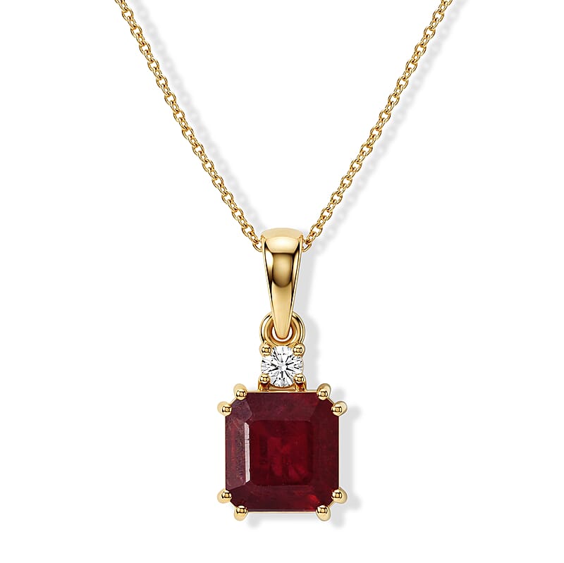 Asscher Cut Niassa Ruby (FF) and Luxuriant Lab Grown Diamond (G-H, SI) 3.25 ctw Scarlet Signature Pendant Necklace (20 Inches) in 18K Vermeil YG Over Sterling Silver
