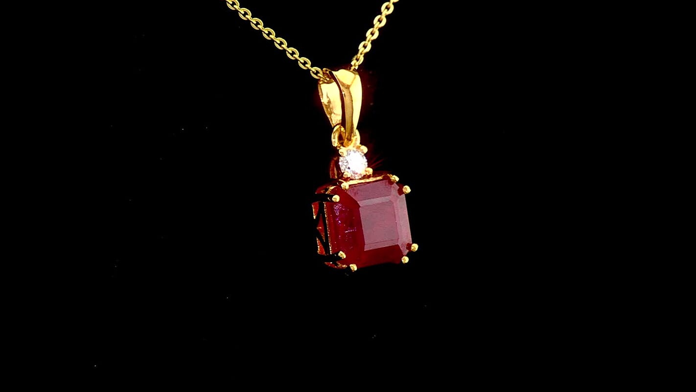 Asscher Cut Niassa Ruby (FF), Luxuriant Lab Grown Diamond (G-H, SI) Pendant Necklace (20 Inches) in 18K Vermeil YG Over Sterling Silver 3.25 ctw