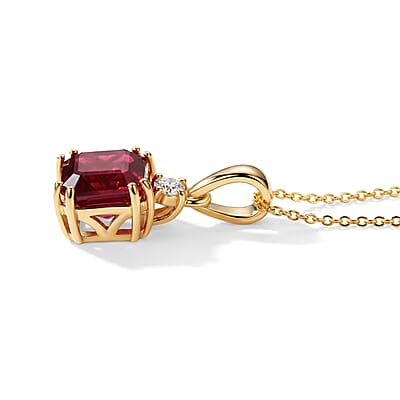 Asscher Cut Niassa Ruby (FF) and Luxuriant Lab Grown Diamond (G-H, SI) 3.25 ctw Scarlet Signature Pendant Necklace (20 Inches) in 18K Vermeil YG Over Sterling Silver