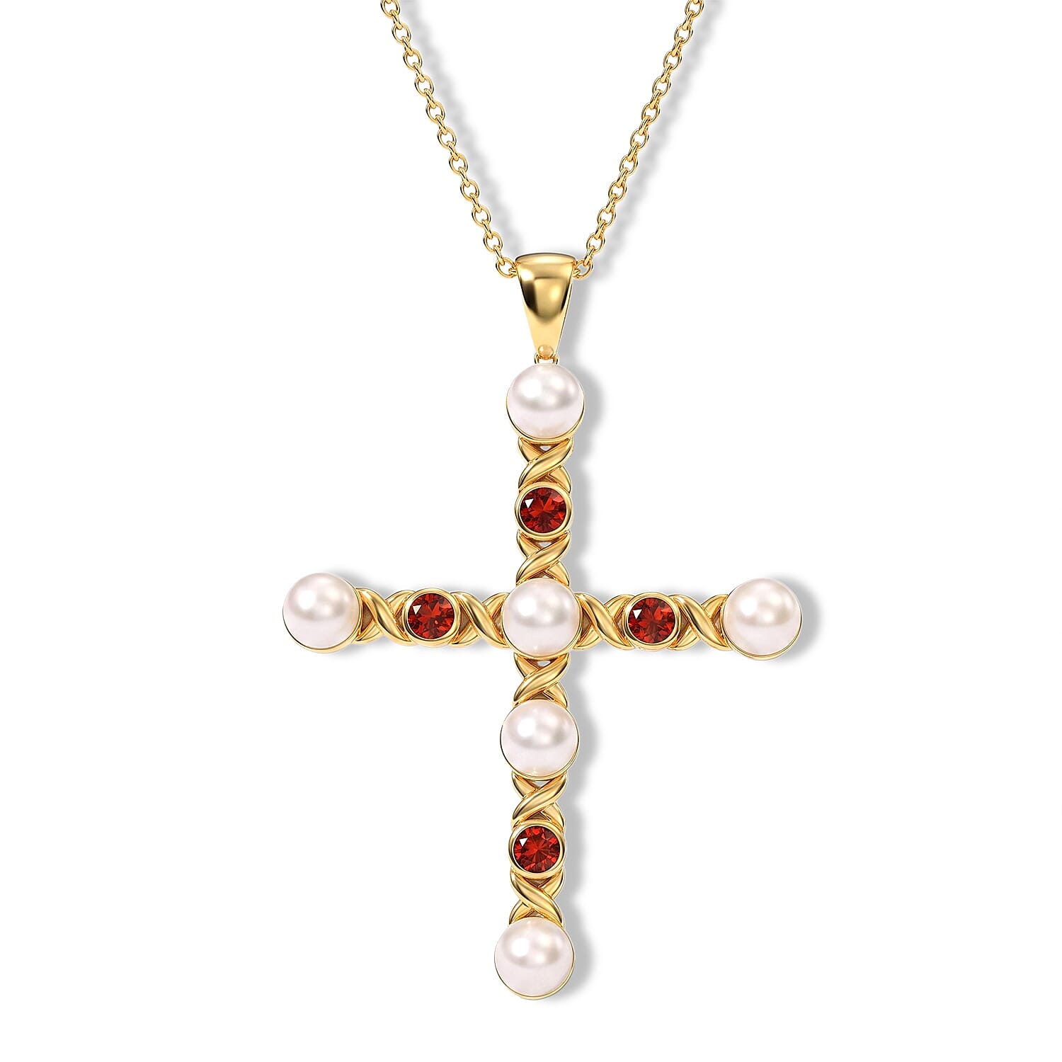 EverTrue Freshwater Pearl and Mozambique Garnet 2.40 ctw Pendant in 18K YG Plated with ION Plated YG Stainless Steel (20 Inches)
