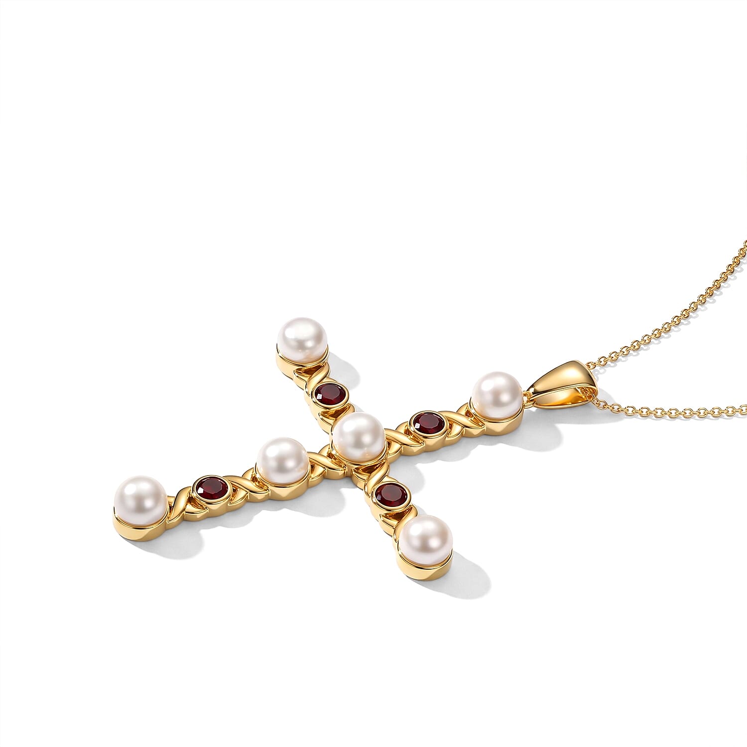 EverTrue Freshwater Pearl and Mozambique Garnet 2.40 ctw Pendant in 18K YG Plated with ION Plated YG Stainless Steel (20 Inches)