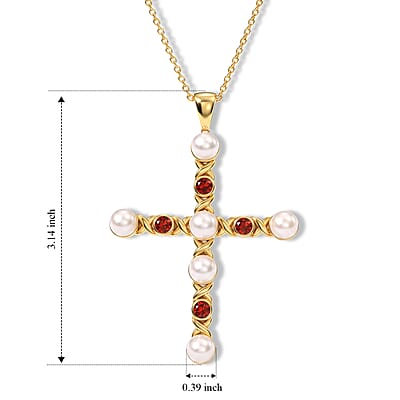 EverTrue Freshwater Pearl and Mozambique Garnet 2.40 ctw Pendant in 18K YG Plated with ION Plated YG Stainless Steel (20 Inches)