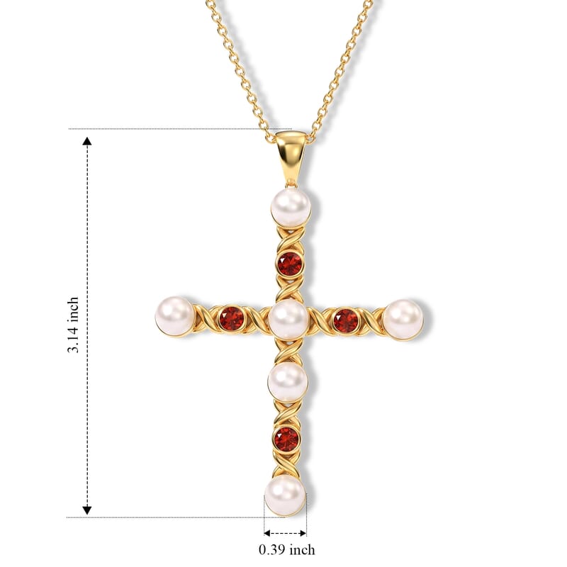 EverTrue Freshwater Pearl and Mozambique Garnet 2.40 ctw Infinity Jubilee Cross Pendant in 18K YG Plated with ION Plated YG Stainless Steel (20 Inches)