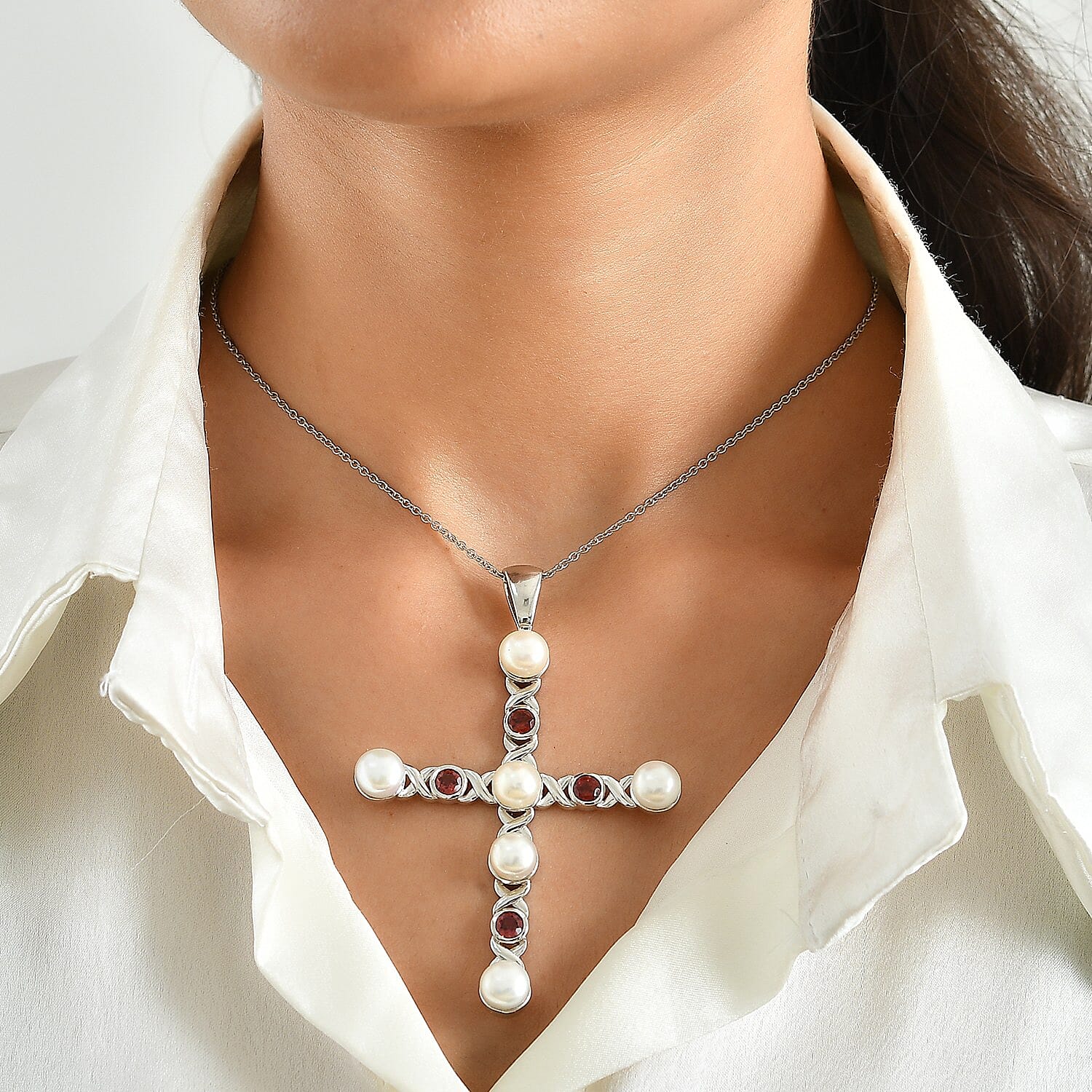 EverTrue Freshwater Pearl and Mozambique Garnet 2.40 ctw Infinity Jubilee Cross Pendant in Platinum Bond with Stainless Steel (20 Inches)