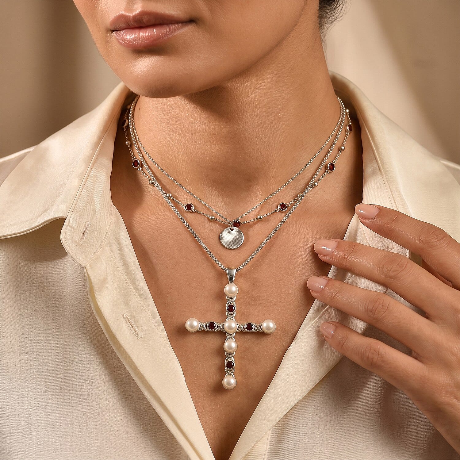 EverTrue Freshwater Pearl and Mozambique Garnet 2.40 ctw Infinity Jubilee Cross Pendant in Platinum Bond with Stainless Steel (20 Inches)