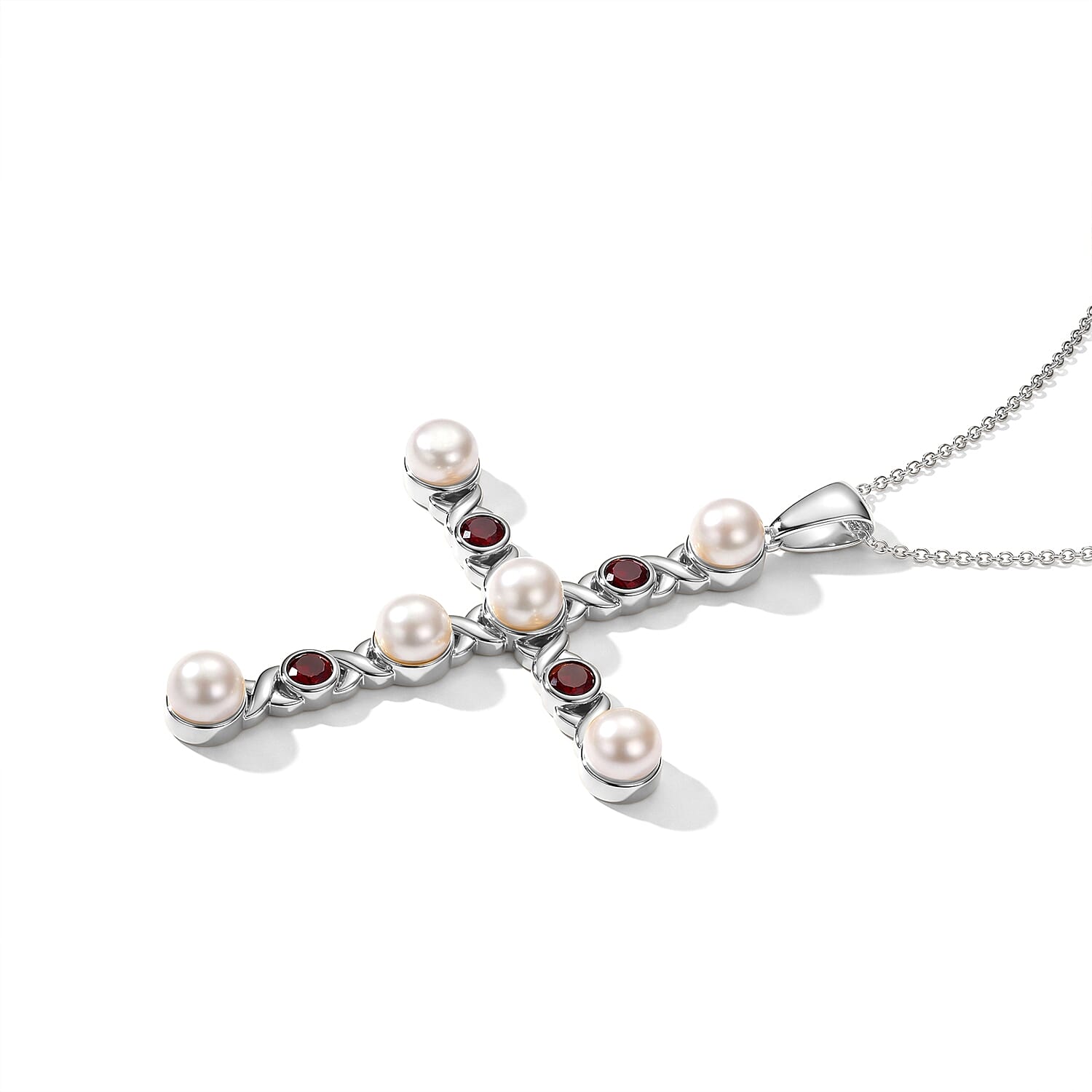 EverTrue Freshwater Pearl and Mozambique Garnet 2.40 ctw Infinity Jubilee Cross Pendant in Platinum Bond with Stainless Steel (20 Inches)