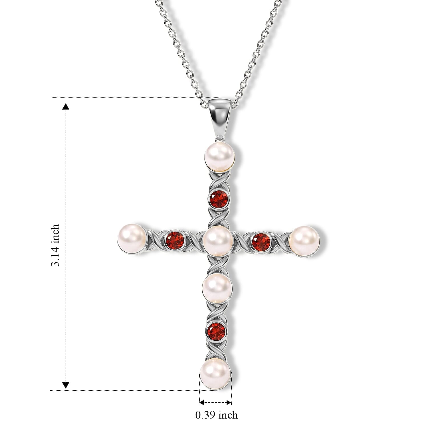 EverTrue Freshwater Pearl and Mozambique Garnet 2.40 ctw Infinity Jubilee Cross Pendant in Platinum Bond with Stainless Steel (20 Inches)
