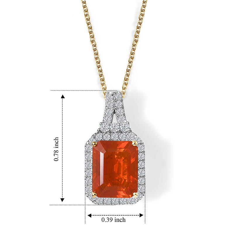 Certified and Appraised AAA Mexican Cherry Fire Opal and Luxuriant Lab Grown Diamond G-H SI 2.55 ctw Pendant Necklace in 10K Yellow Gold 18 Inches