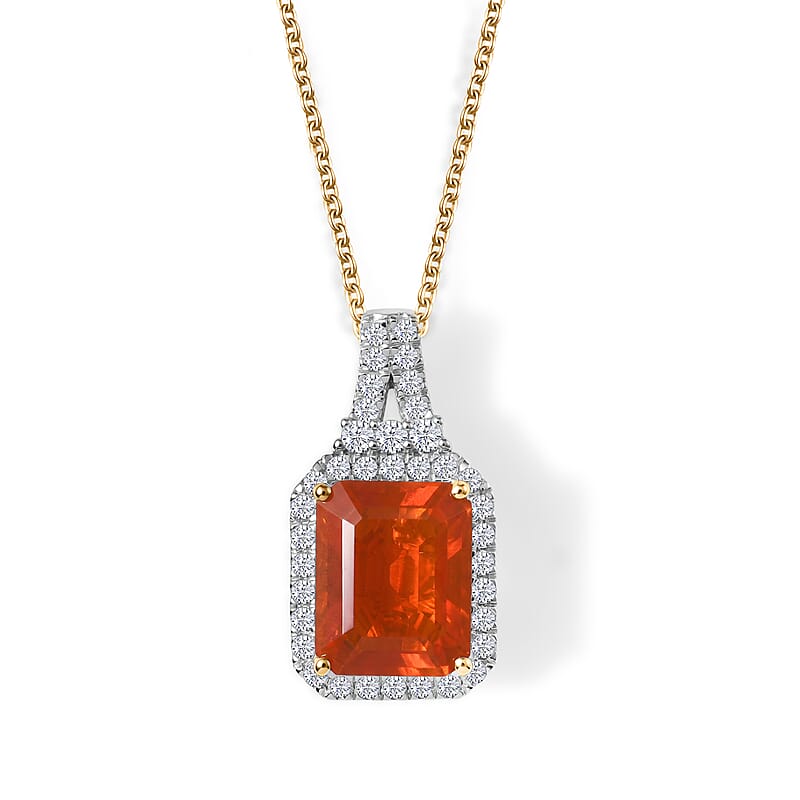 Certified and Appraised AAA Mexican Cherry Fire Opal and Luxuriant Lab Grown Diamond G-H SI 1.60 ctw Pendant Necklace in 10K Yellow Gold 18 Inches