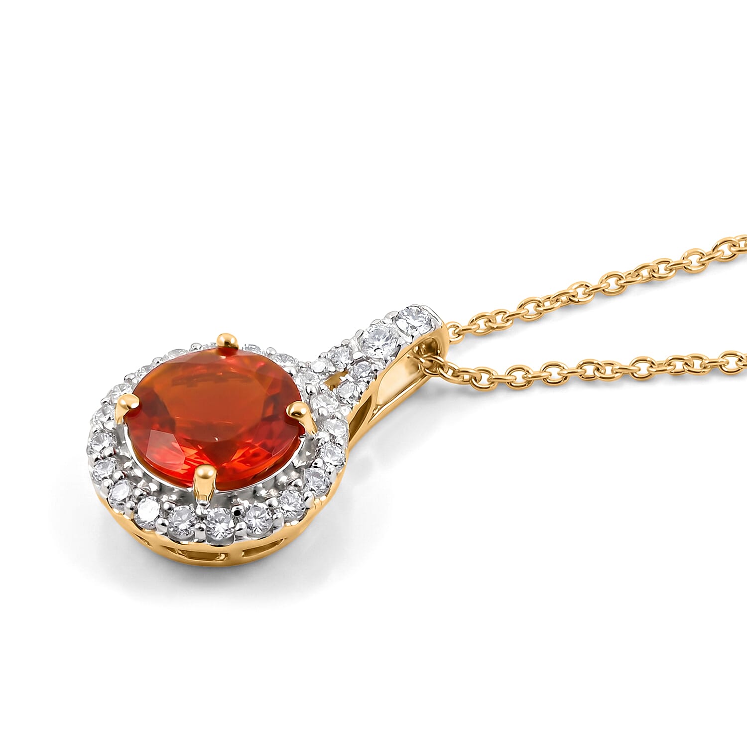 Certified and Appraised AAA Mexican Cherry Fire Opal and Luxuriant Lab Grown Diamond G-H SI 1.60 ctw Pendant Necklace in 10K Yellow Gold 18 Inches