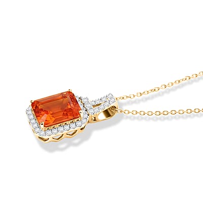 Certified and Appraised AAA Mexican Cherry Fire Opal and Luxuriant Lab Grown Diamond G-H SI 1.60 ctw Pendant Necklace in 10K Yellow Gold 18 Inches