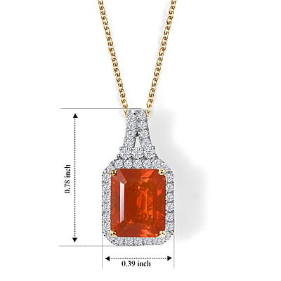 Certified and Appraised AAA Mexican Cherry Fire Opal and Luxuriant Lab Grown Diamond G-H SI 1.60 ctw Pendant Necklace in 10K Yellow Gold 18 Inches