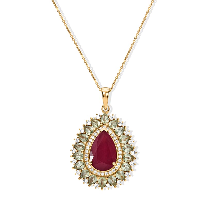 D'Joy Niassa Ruby (FF) and Multi Gemstone 10.40 ctw Crimson Bloom Pendant Necklace (20 Inches) in 18K Vermeil Yellow Gold Over Sterling Silver