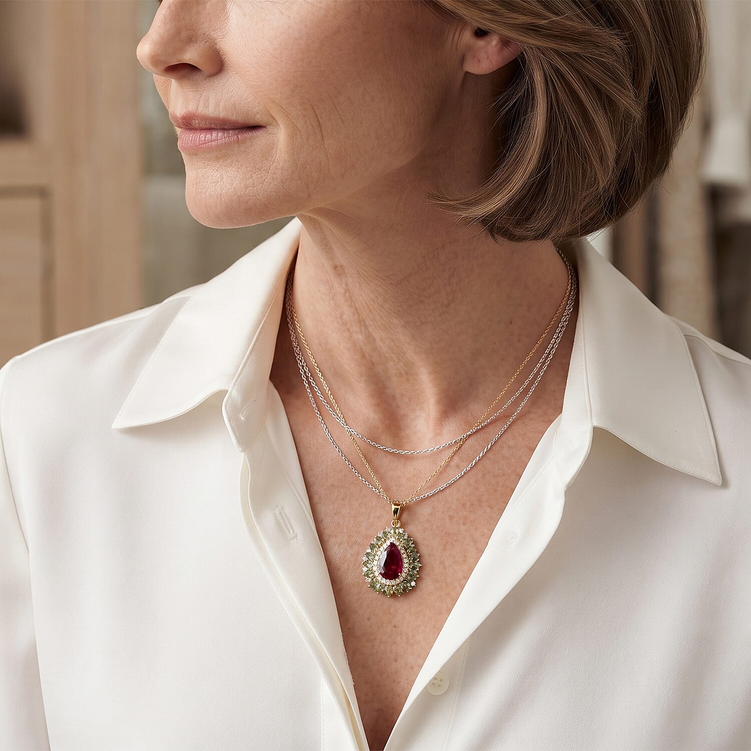 D'Joy Niassa Ruby (FF) and Multi Gemstone 10.40 ctw Crimson Bloom Pendant Necklace (20 Inches) in 18K Vermeil Yellow Gold Over Sterling Silver