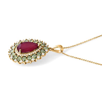 D'Joy Niassa Ruby (FF) and Multi Gemstone 10.40 ctw Crimson Bloom Pendant Necklace (20 Inches) in 18K Vermeil Yellow Gold Over Sterling Silver