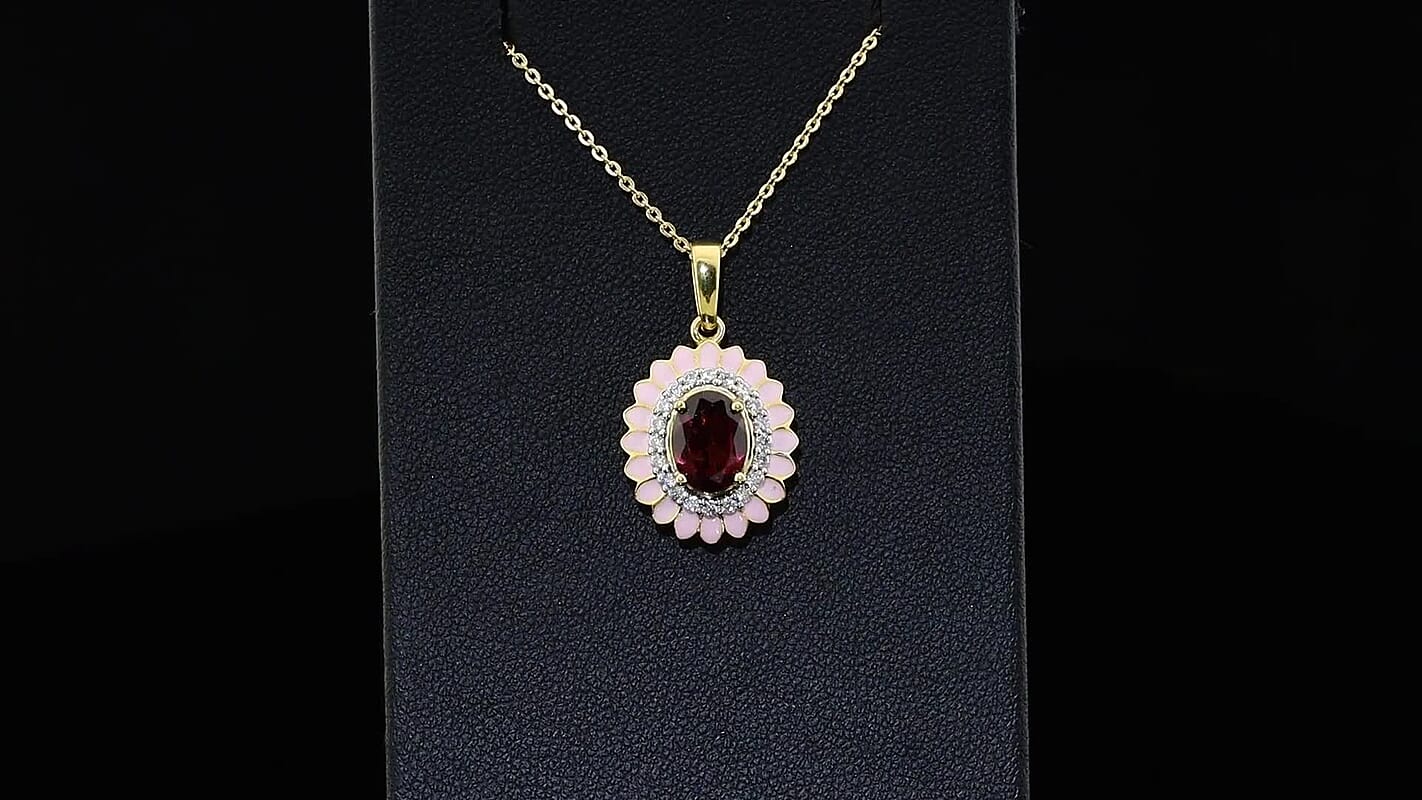 D'Joy Premium Orissa Rhodolite Garnet, Moissanite Blush Bloom Pendant Necklace (20 Inches) in 18K Vermeil YG Over Sterling Silver 1.50 ctw