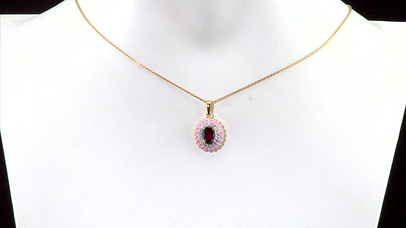 D'Joy Premium Orissa Rhodolite Garnet, Moissanite Blush Bloom Pendant Necklace (20 Inches) in 18K Vermeil YG Over Sterling Silver 1.50 ctw