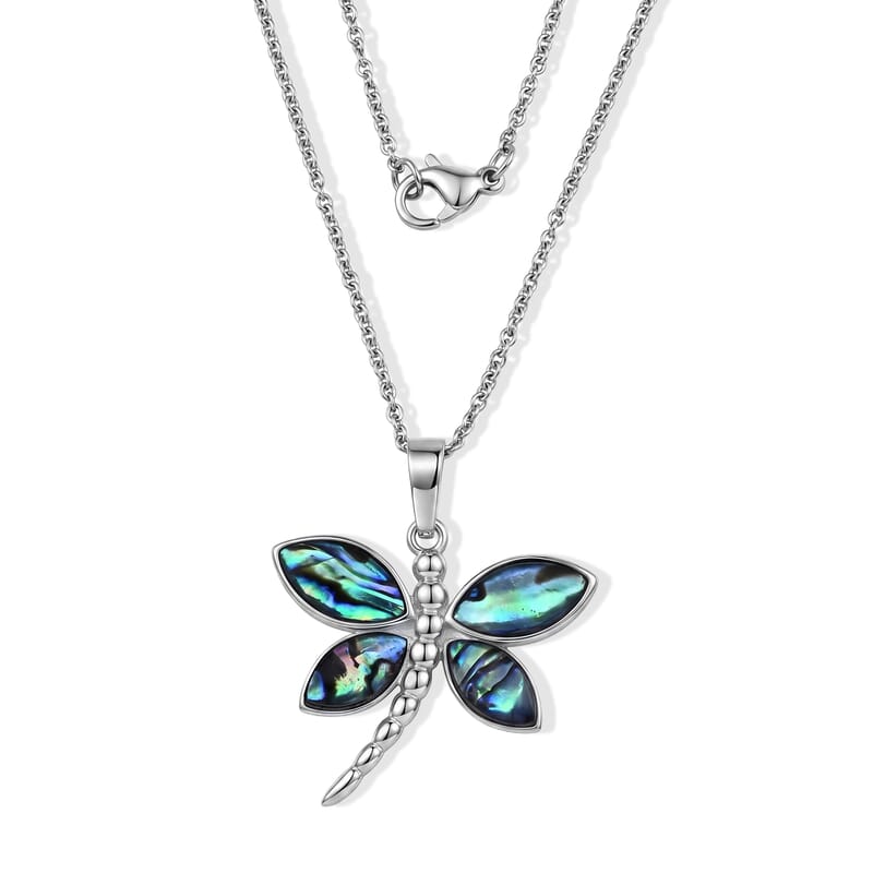 Abalone Shell Butterfly Pendant in Silvertone with Stainless Steel Necklace 20 Inches