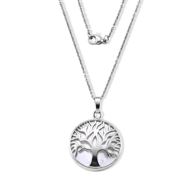 White Mother of Pearl Pendant in Silvertone with Stainless Steel Necklace 20 Inches