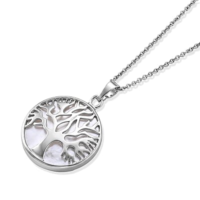 White Mother of Pearl Pendant in Silvertone with Stainless Steel Necklace 20 Inches