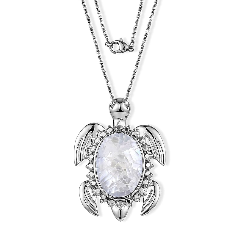 White Mother Of Pearl Pendant in Silvertone with Stainless Steel Necklace 20 Inches