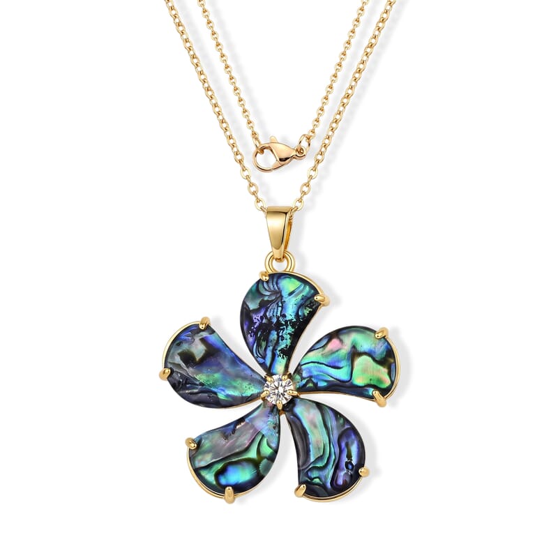 Abalone Shell and Simulated Diamond 0.50 ctw Four Leaf Clover Pendant in Platinum Bond with Stainless Necklace 20 Inches
