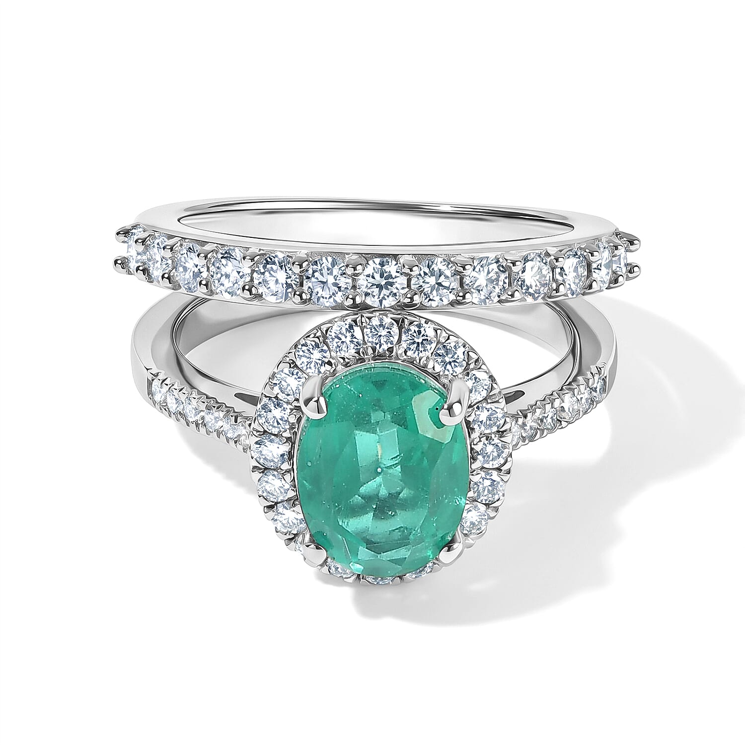 EverTrue Emeraldine Quartz (Triplet) and Moissanite 3.00 ctw Bridal Set Stacking Ring in Platinum Bond (Size 5.0)