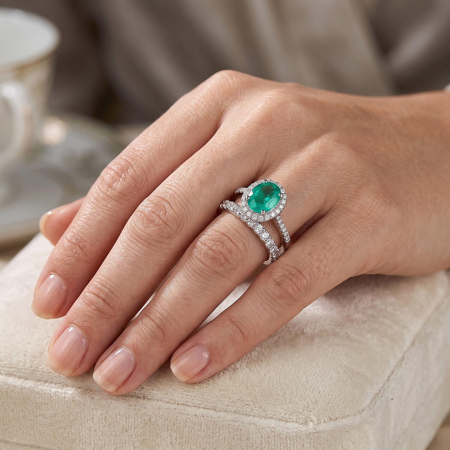 EverTrue Emeraldine Quartz (Triplet) and Moissanite 3.00 ctw Bridal Set Stacking Ring in Platinum Bond (Size 5.0)
