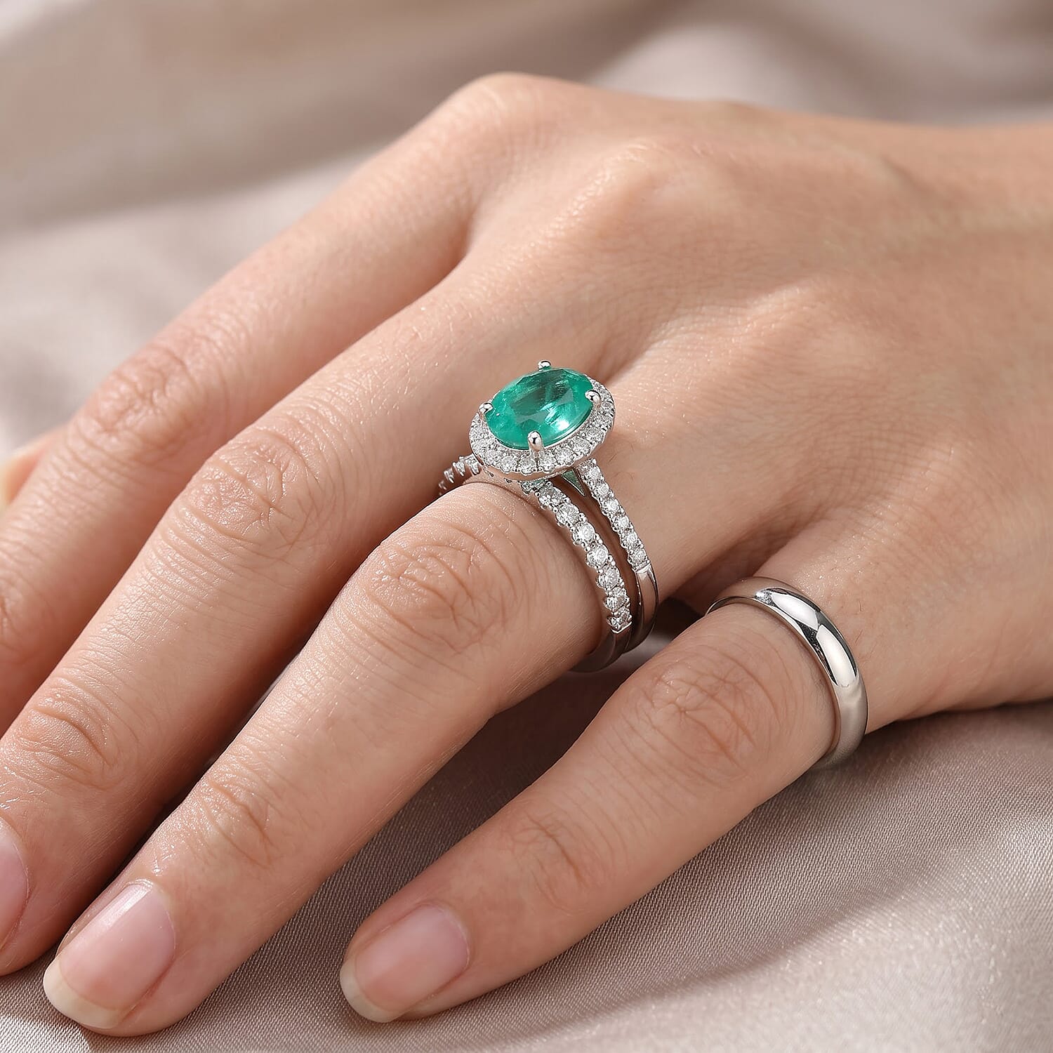 EverTrue Emeraldine Quartz (Triplet) and Moissanite 3.00 ctw Bridal Set Stacking Ring in Platinum Bond (Size 5.0)
