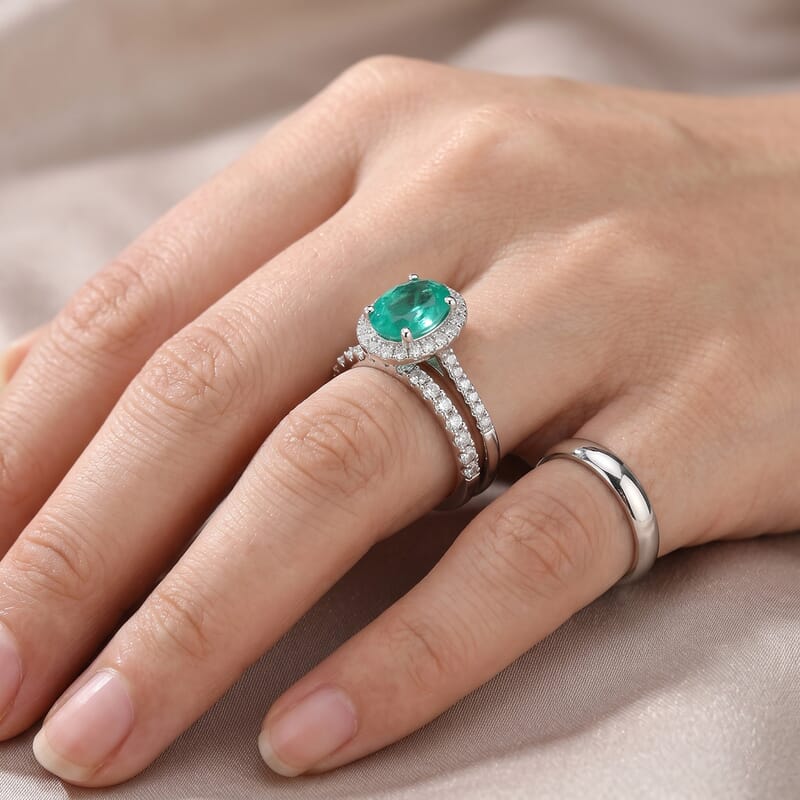 EverTrue Emeraldine Quartz (Triplet) and Moissanite 3.00 ctw Bridal Set Stacking Ring in Platinum Bond (Size 5.0)