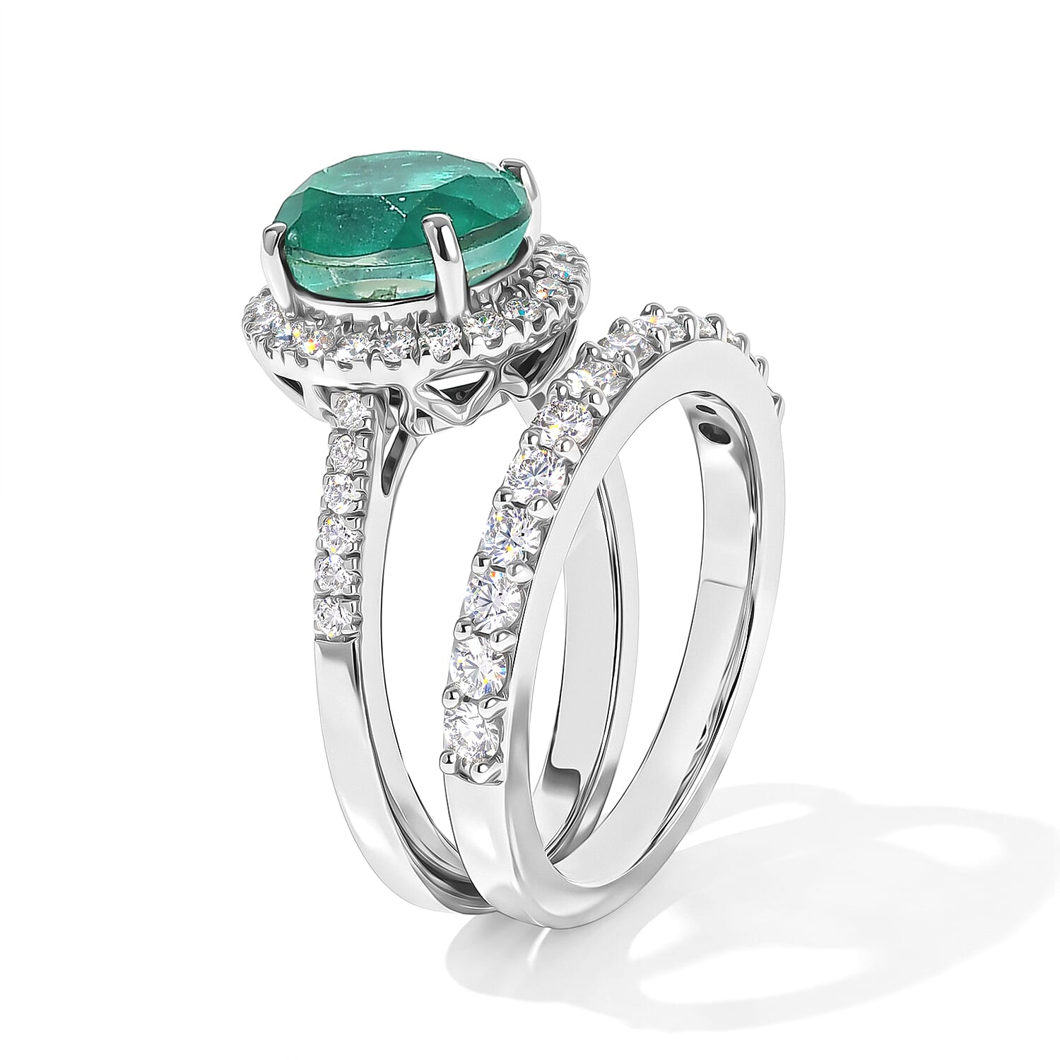 EverTrue Emeraldine Quartz (Triplet) and Moissanite 3.00 ctw Bridal Set Stacking Ring in Platinum Bond (Size 5.0)