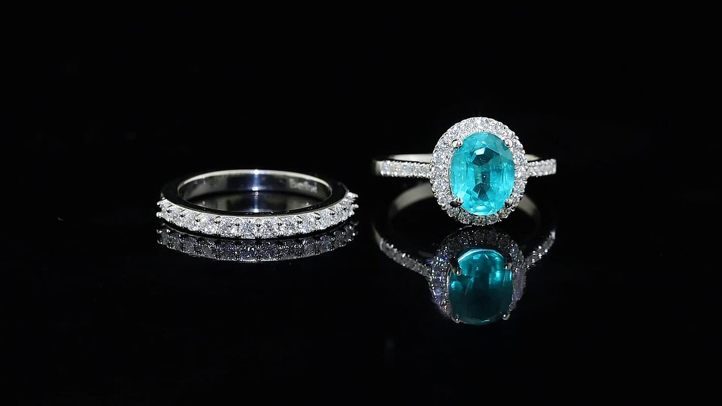 EverTrue Emeraldine Quartz, Moissanite Set of 2 Ring in Platinum Bond (Size 5.0) 3.00 ctw