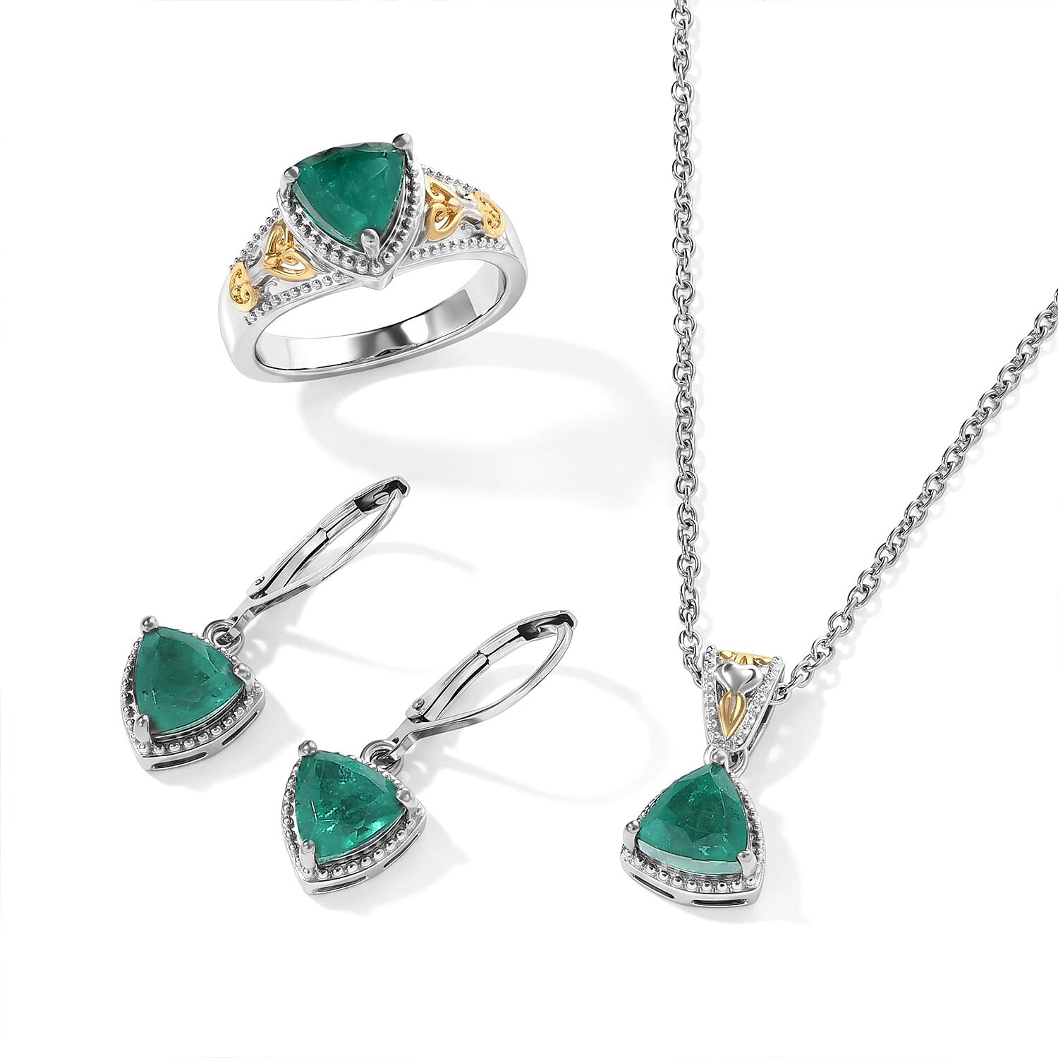 EverTrue Emeraldine Quartz (Triplet) 6.00 ctw Earrings, Ring (Size 5) and Pendant in 18K YG Plated and Platinum Bond with Stainless Steel Necklace 20 Inches