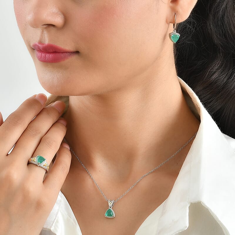 EverTrue Emeraldine Quartz (Triplet) 6.00 ctw Earrings, Ring (Size 5) and Pendant in 18K YG Plated and Platinum Bond with Stainless Steel Necklace 20 Inches
