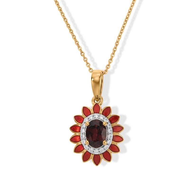 D'Joy AAA Red Zircon and Moissanite 1.20 ctw Scarlet Empress Bloom Pendant Necklace in 18K Vermeil Yellow Gold Over Sterling Silver 20 Inches