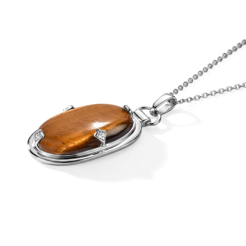 EverTrue Tigers Eye 33.40 ctw Pendant Necklace in Stainless Steel 20 Inches