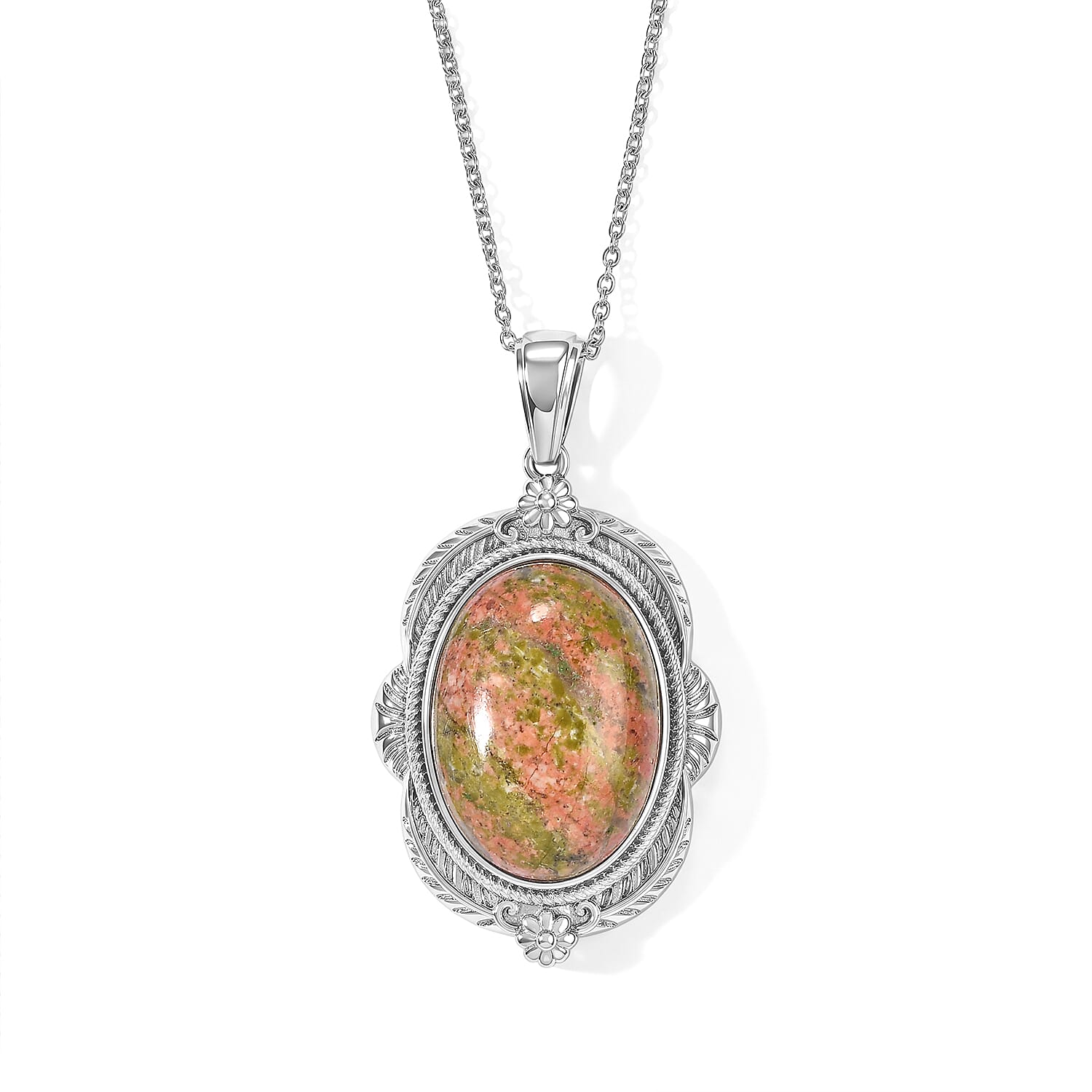 EverTrue Unakite 27.40 ctw Pendant Necklace (20 Inches) in Stainless Steel