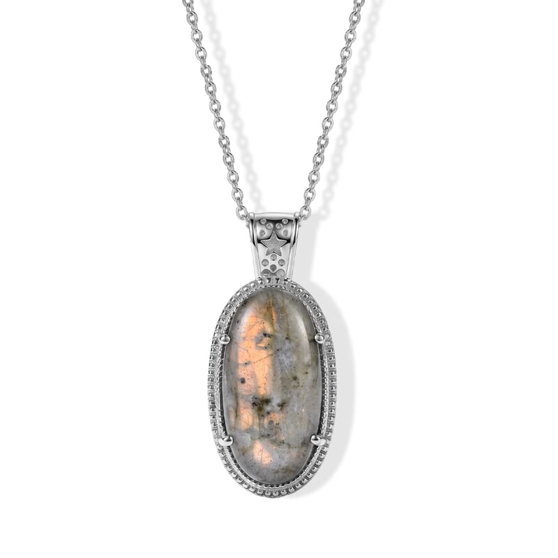 EverTrue Madagascar Fire Labradorite 23.90 ctw Pendant Necklace in Stainless Steel 20 Inches