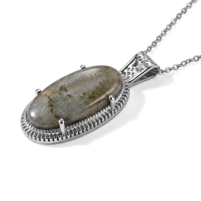 EverTrue Madagascar Fire Labradorite 23.90 ctw Pendant Necklace in Stainless Steel 20 Inches