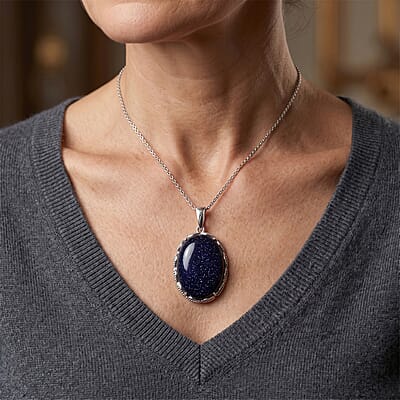 EverTrue Blue Sandstone 34.85 ctw Pendant Necklace (20 Inches) in Stainless Steel