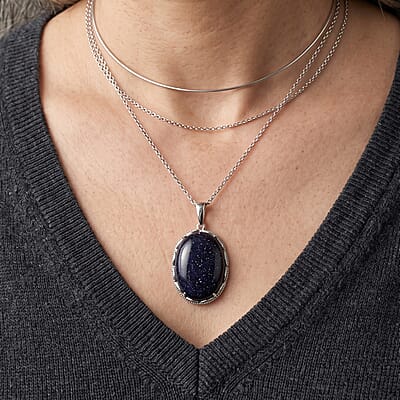 EverTrue Blue Sandstone 34.85 ctw Pendant Necklace (20 Inches) in Stainless Steel