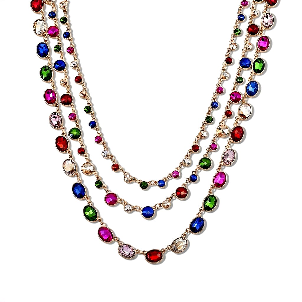 Austrian Multi Color Crystal and Multi Color Glass Set of 3 Three Layer Necklace (18/20/22 Inches) Goldtone