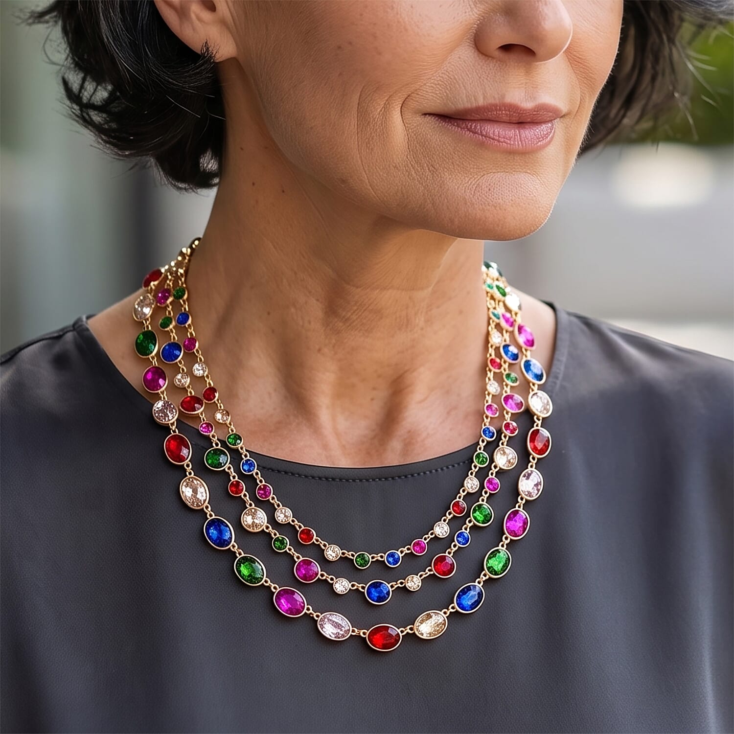 Austrian Multi Color Crystal and Multi Color Glass Set of 3 Three Layer Necklace (18/20/22 Inches) Goldtone