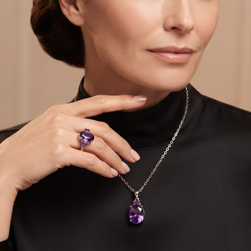 EverTrue African Amethyst 3.70 ctw Ring (Size 5) Pendant in Platinum Bond with Stainless Steel Necklace 20 Inches