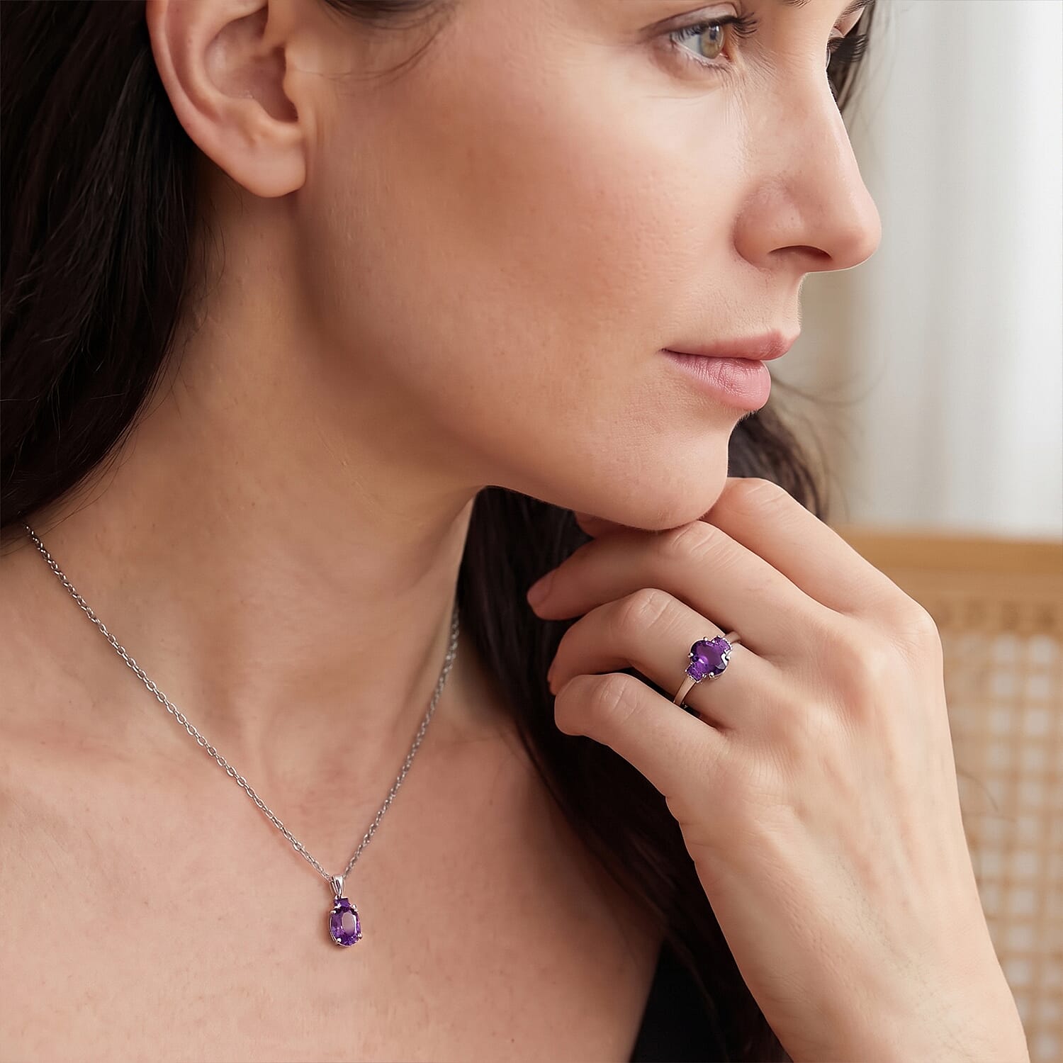 EverTrue African Amethyst 3.70 ctw Ring (Size 7) Pendant in Platinum Bond with Stainless Steel Necklace 20 Inches