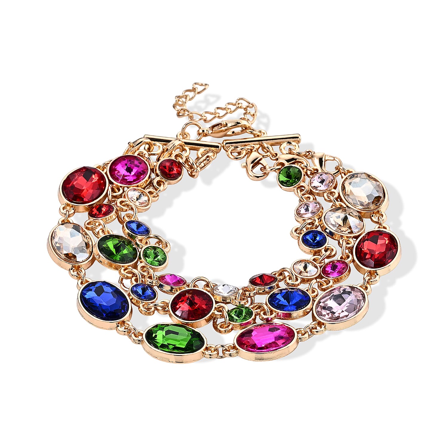 Austrian Multi Color Crystal and Multi Color Glass Earrings and Set of 3 Three Layer Bracelet (7.5In) Goldtone