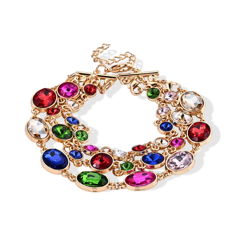 Austrian Multi Color Crystal and Multi Color Glass Earrings and Set of 3 Three Layer Bracelet (7.5In) Goldtone