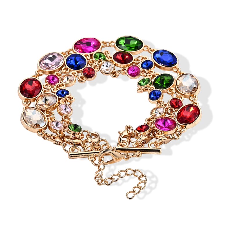 Austrian Multi Color Crystal and Multi Color Glass Earrings and Set of 3 Three Layer Bracelet (7.5In) Goldtone