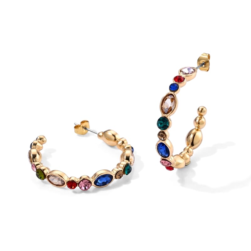Austrian Multi Color Crystal and Multi Color Glass Earrings and Set of 3 Three Layer Bracelet (7.5In) Goldtone